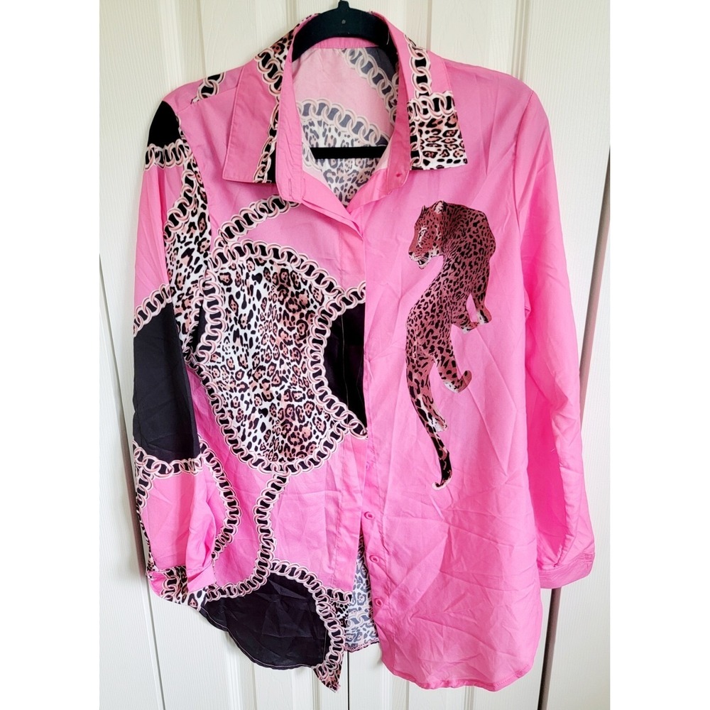 ChicMe L Pink Leopard Chain Print Long Sleeve Button Down Blouse Whimsical Cute - Picture 5 of 13